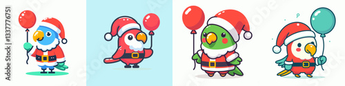Parrot wear Santa Claus costumes holding a balloon vector graphic simple design festive bird holiday illustration