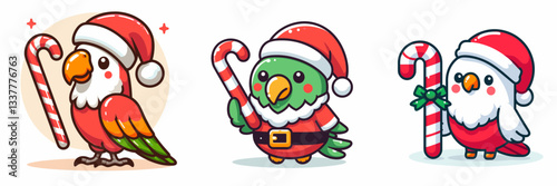 Parrot wear Santa Claus costumes holding a candy cane vector drawing a festive winter holiday scene