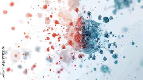 The image presents a close-up, abstract representation of a cellular structure.  It features a cluster of interconnected, irregularly shaped particles in shades of red, blue, and white against a
