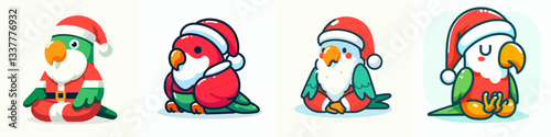 Parrot wear Santa Claus costumes sitting crosslegged minimalist vector drawing a festive holiday scene