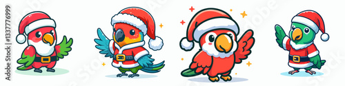 Parrot wear Santa Claus costumes waving hand a simple vector graphic of festive birds