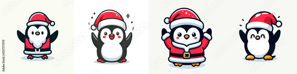 Penguin wear Santa Claus costumes hands raised in celebration a joyful winter vector graphic Penguin wear Santa Claus costumes hands raised in celebration a joyful winter vector graphic