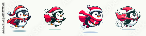 Penguin wearing Santa Claus costumes flying with a cape minimalist vector graphic depicts a jolly winter flight.