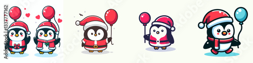 Penguin wearing Santa Claus costumes holding a balloon vector graphic for a simple winter holiday doodle