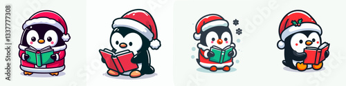 Penguin wearing Santa Claus costumes reading a book a minimalist vector drawing depicts a festive winter scene