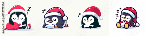 Penguin wear Santa Claus costumes sleeping or resting minimalist vector graphic depicting a peaceful winter scene