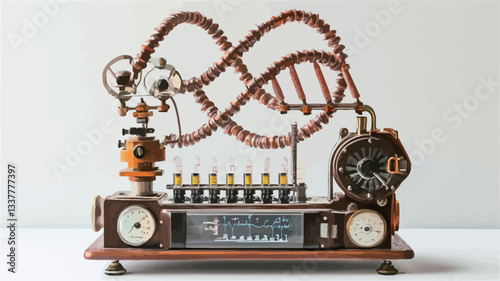 A detailed close-up shot of a handcrafted steampunk-style kinetic art sculpture. The sculpture is composed of various materials, including brass, copper, and wood, assembled into an intricate