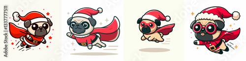 Pug Dog wearing a Santa outfit flies with a cape a minimalist vector graphic.