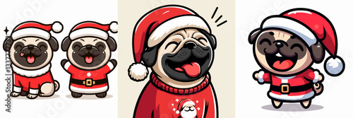 Pug Dog wear santa outfit Laughing with Mouth Open vector graphic simple minimalist doodle a joyful holiday scene