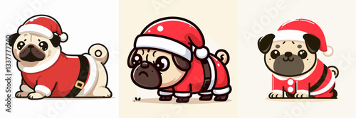 Pug Dog wearing a Santa outfit leans forward a minimalist vector drawing of festive holiday cheer