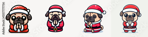 Pug Dog wear Santa outfit Praying Hands Gesture simple vector graphic a festive Christmas pet doodle