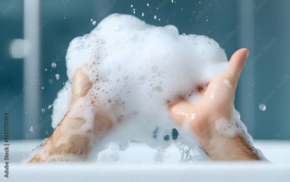 Fototapeta premium A person enjoying a bubble bath, showcasing hands filled with soap bubbles, symbolizing relaxation and self-care.