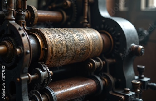 Close-up of vintage book press machine with metal letter printing. Retro equipment from industry, printing process tech. Typeset, typography production, offset workflow. Metal gears, ornamented rolls