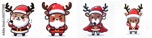 Reindeer wear Santa Claus costumes raising one eyebrow a simple vector graphic depicting festive mischief.
