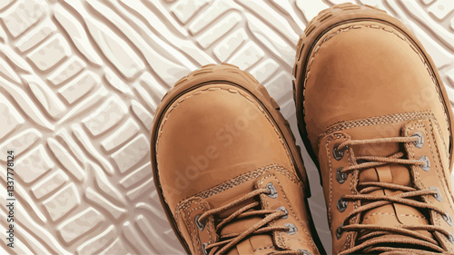High-angle, close-up shot of a pair of tan leather boots positioned on a textured, off-white surface with a repeating geometric pattern. The boots appear to be made of a smooth leather and have