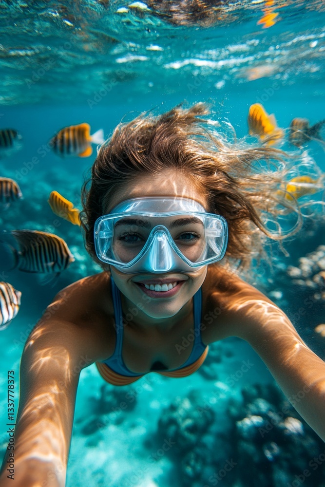 Naklejka premium A dense school of silver fish swims next to her. Bright commercial style image. A stunning and sexy happy caucasian young woman with short hair with a happy face snorkeling among the corals.