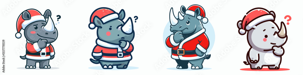 Rhino wear Santa Claus costumes tapping chin thinking a minimalist vector drawing of jolly pachyderms pondering Christmas. Rhino wear Santa Claus costumes tapping chin thinking a minimalist vector drawing of jolly pachyderms pondering Christmas.
