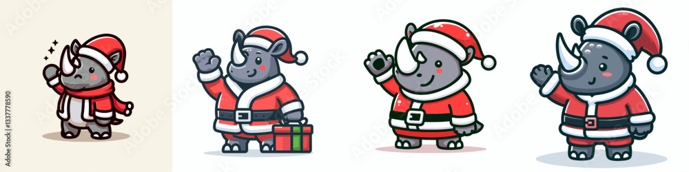 Rhino wear Santa Claus costumes waving hand a simple vector graphic illustration of jolly pachyderms celebrating Christmas