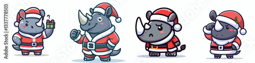 Rhino wear Santa Claus costumes raising one eyebrow a minimalist vector drawing depicts a festive pachyderm.