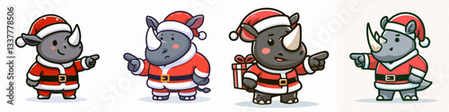 Rhino wear Santa Claus costumes pointing forward a minimalist vector graphic depicting festive pachyderms.
