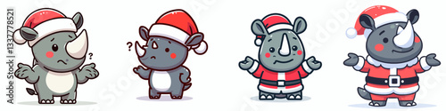 Rhino wear Santa Claus costumes shrugging minimalist vector graphic showing a grumpy yet festive pachyderm.