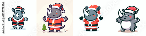 Rhino wear Santa Claus costumes standing with arms open wide a minimalist vector drawing of jolly holiday spirit