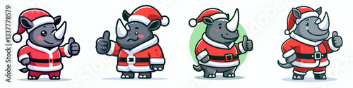 Rhino wear Santa Claus costumes thumbs up a simple vector graphic drawing celebrating the holiday spirit