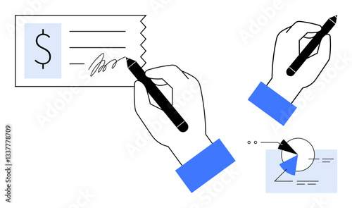 Hand signing a check and writing on a financial chart piece with graphs. Ideal for finance, banking, transactions, contracts, analysis, budgeting, accounting, flat simple metaphor