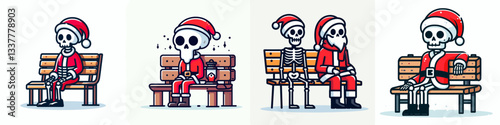 Skeleton wear Santa Claus costumes sitting on a bench a minimalist vector drawing depicts a jolly skeletal holiday scene