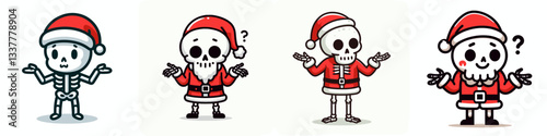 Skeleton wear Santa Claus costumes shrugging minimalist vector graphic depicting a jolly skeletal holiday spirit.