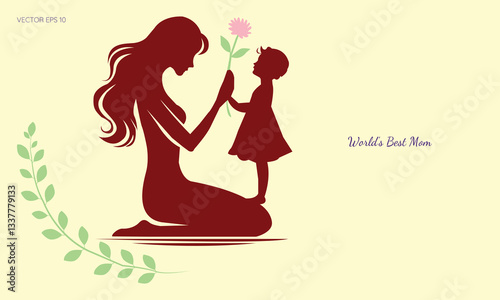 World's Best Mom Silhouette with Daughter and Flower
