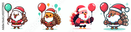 Turkey wear Santa Claus costumes holding a balloon vector graphic simple minimalist doodle festive winter celebration