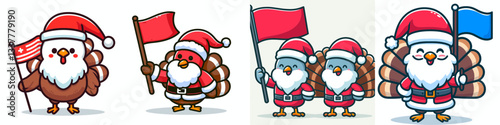 Turkey wear Santa Claus costumes holding a flag vector graphic simple minimalist festive design
