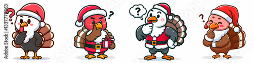 Turkey wear Santa Claus costumes tapping chin thinking a minimalist vector drawing of festive holiday spirit