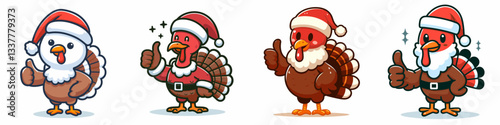 Turkey wear Santa Claus costumes thumbs up a simple vector graphic drawing for a festive holiday design