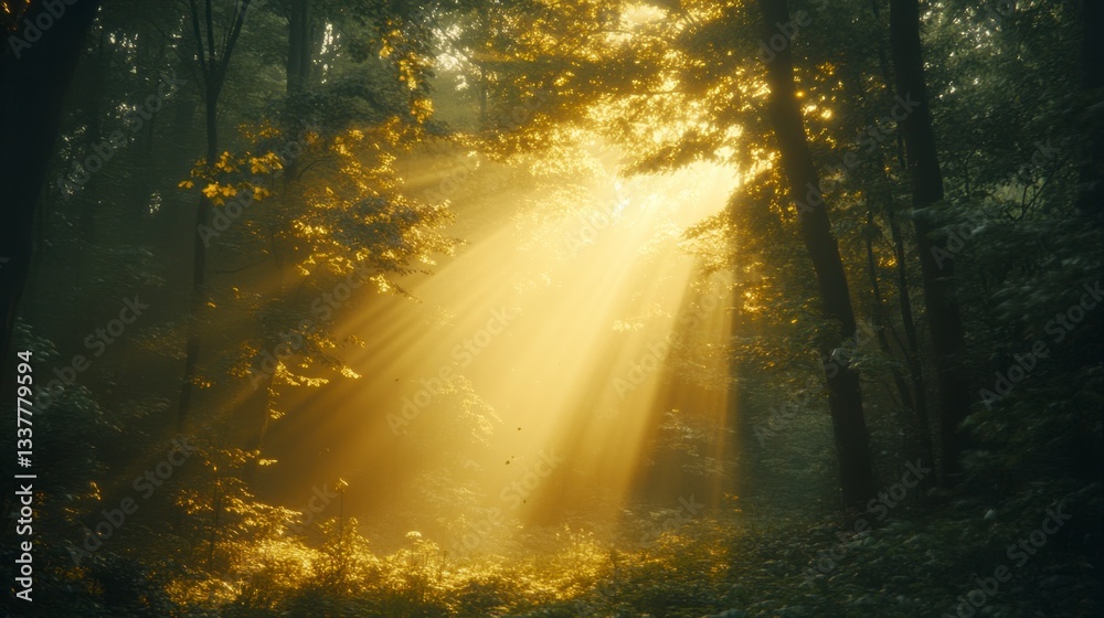 Golden sunlight streams through a dense forest, illuminating dust particles and creating a mystical atmosphere. The scene is filled with warm, golden light and a sense of serenity. Golden sunlight streams through a dense forest, illuminating dust particles and creating a mystical atmosphere. The scene is filled with warm, golden light and a sense of serenity.