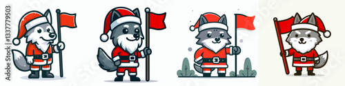 Wolf wearing Santa Claus costumes holding a flag vector graphic a festive winter scene simple minimalist doodle.