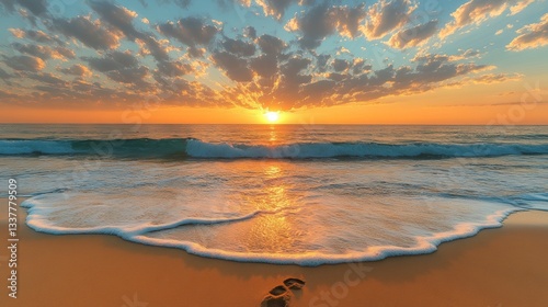 Ocean sunset with waves gently washing ashore on a sandy beach, leaving a footprint in the wet sand. Warm colors dominate the sky and water.