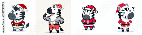Zebra wear Santa Claus costumes hands on hips a minimalist vector drawing of festive stripes and jolly spirit.