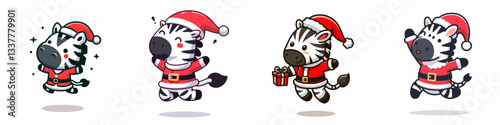 Zebra wear Santa Claus costumes jumping with joy a minimalist vector drawing depicts festive striped equines.