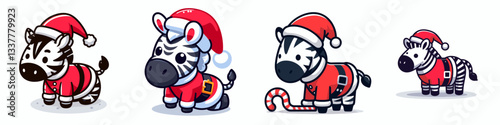 Zebra wear Santa Claus costumes leaning forward a simple vector graphic showing festive stripes