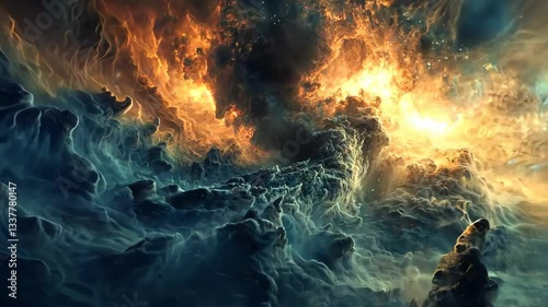 Stunning cosmic clouds illuminated by fiery colors in deep space region