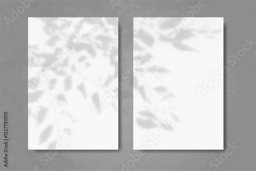 Wallpaper Mural Natural light casts shadows from the leaves of a tree branch on 2 vertical sheets of textured white paper on soft blue table background. Mockup Torontodigital.ca