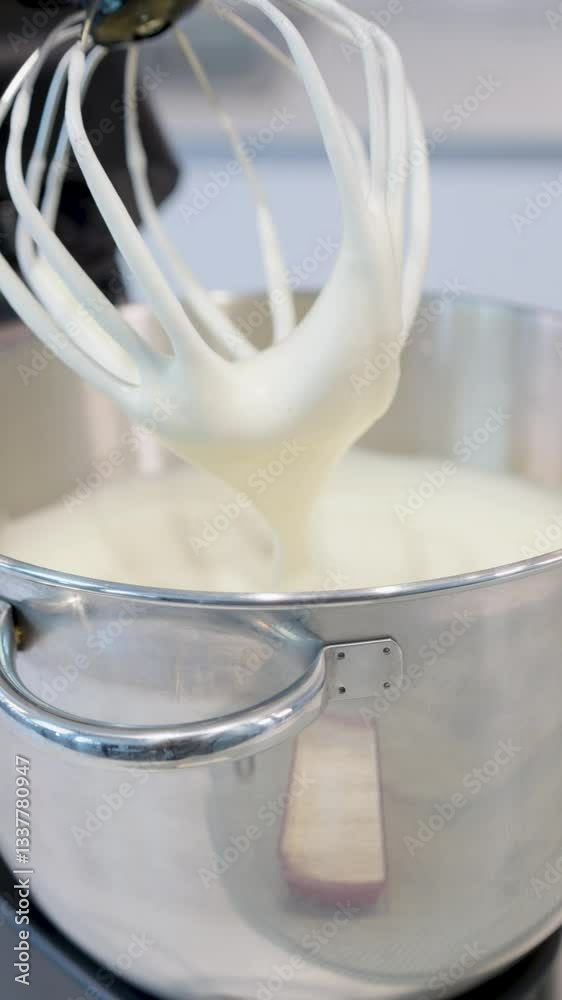 Crema recién batida en una batidora eléctrica. Footage de cocina, repostería, comida casera

 