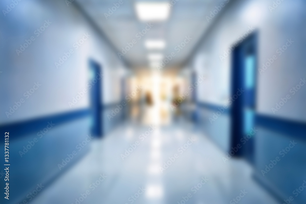 Obraz premium blurred of background. interior of a modern hospital with an empty long corridor. waiting room for patients and families between the corridor with bright white lights. treatment rooms and patient room