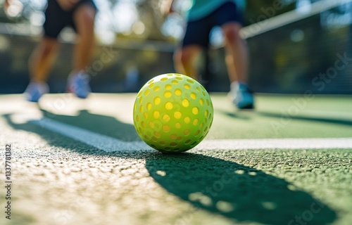 Close-up of a pickleball on a sunny outdoor court.