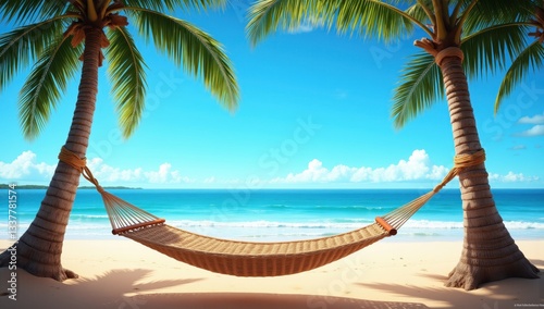 Tranquil Beachside View with Hammock Tied Between Two Palm Trees