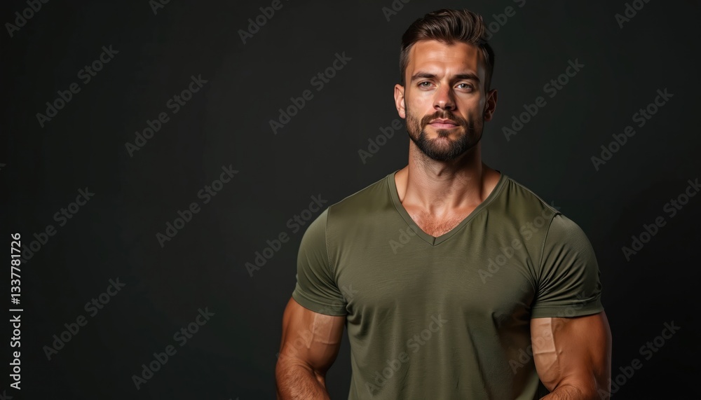 Handsome bearded man with muscular build poses against dark backdrop in t-shirt. Confident guy with defined biceps, triceps, chest. Healthy sporty model with copy space for advertising. Handsome bearded man with muscular build poses against dark backdrop in t-shirt. Confident guy with defined biceps, triceps, chest. Healthy sporty model with copy space for advertising.