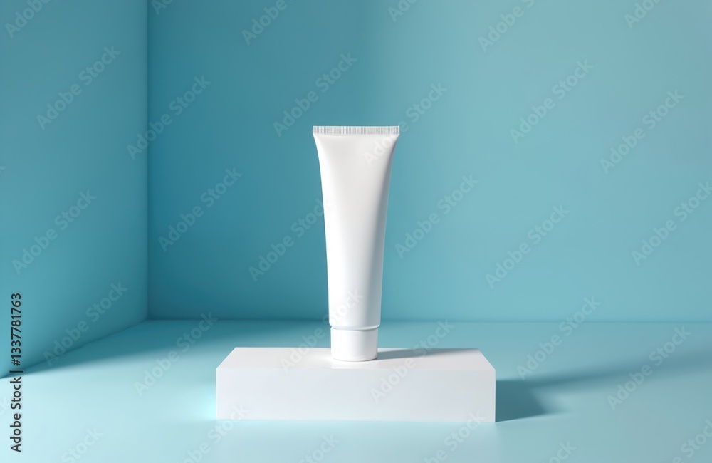 Centered white skincare tube mockup on flat surface against clean blue background. Cream, gel container, bottle with blank label for brand presentation. Cosmetic product for face, skin, body care.