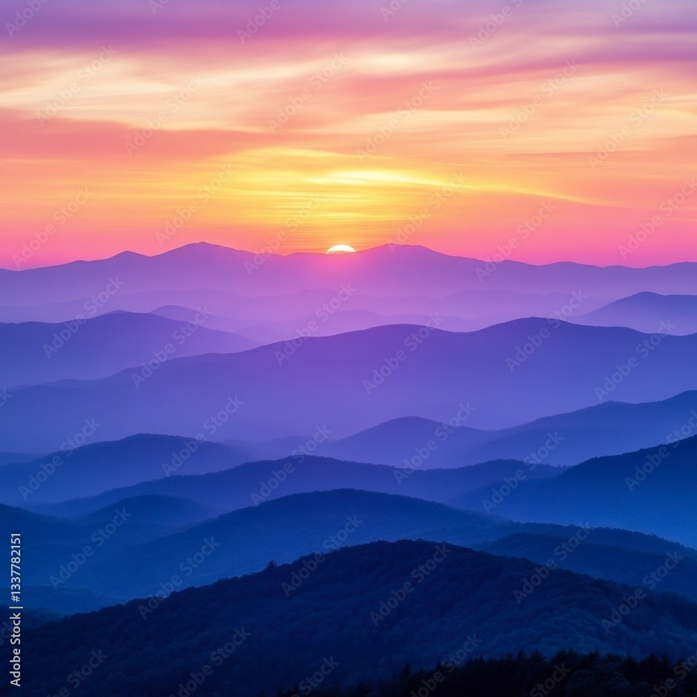 Vibrant sunset over a vast mountain range, showcasing layers of purple, blue, and orange hues. The sun dips below the horizon, casting a warm glow. Vibrant sunset over a vast mountain range, showcasing layers of purple, blue, and orange hues. The sun dips below the horizon, casting a warm glow.
